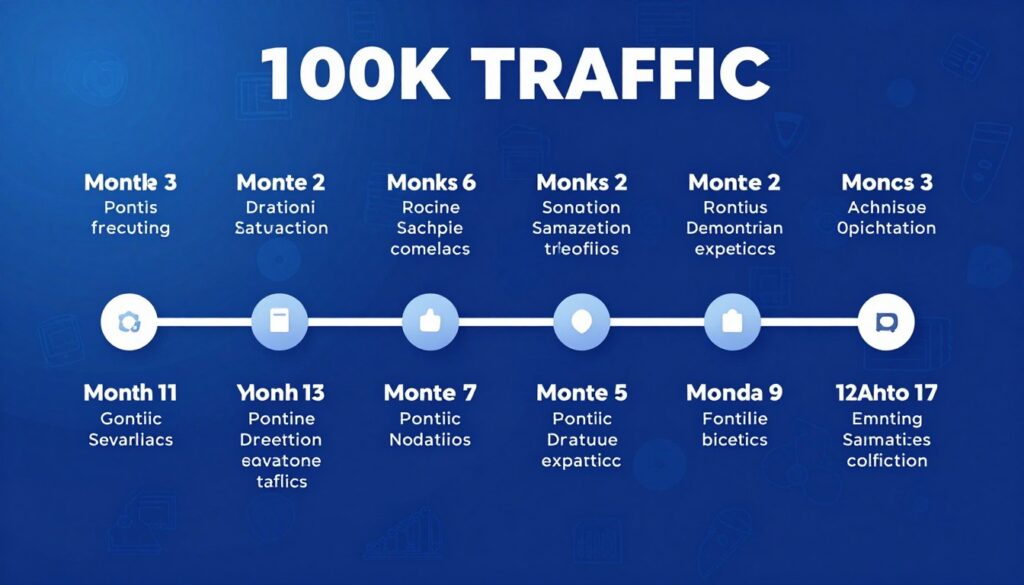 12-month SEO growth timeline showing key milestones from website launch to 100K traffic