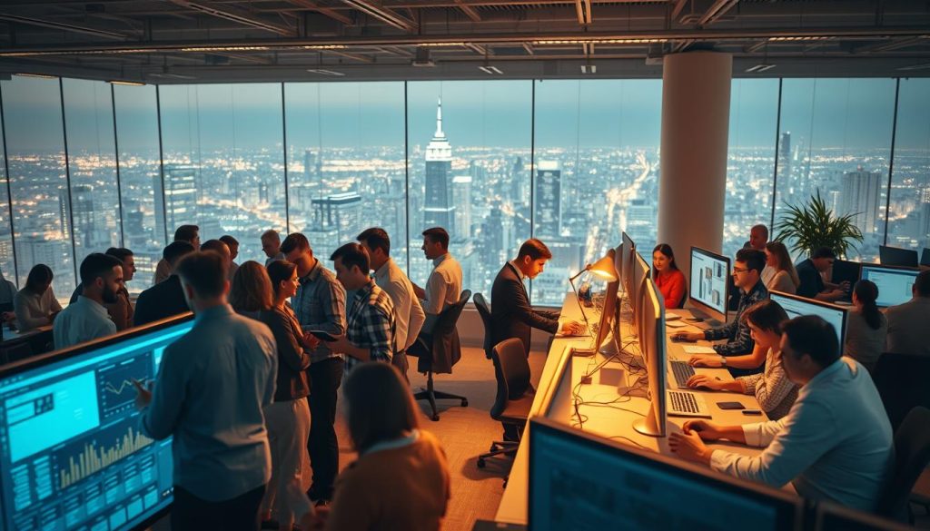 A bustling office setting, filled with busy professionals collaborating on AI-powered technologies. In the foreground, a team gathers around a large touchscreen display, analyzing data visualizations and discussing strategies. Across the room, developers work intently at their desks, coding cutting-edge algorithms. The space is bathed in warm, focused lighting, creating a sense of productivity and innovation. In the background, a panoramic view of a modern cityscape suggests the far-reaching impact of these AI implementations. The overall atmosphere conveys a dynamic, forward-thinking environment where technology and human ingenuity converge to drive business success.