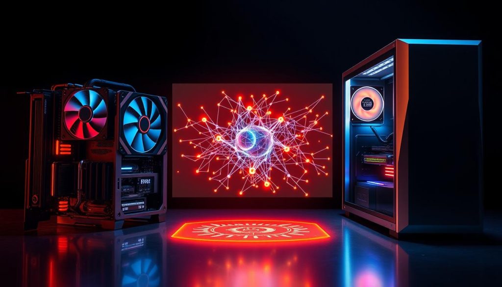 A gleaming, hyper-realistic desktop setup, with a powerful GPU rig on the left and a sleek CPU tower on the right. The GPUs are illuminated by a cool, blue glow, while the CPUs emit a warm, amber hue. In the middle, a holographic display shows a complex neural network simulation, the intricate connections and data flows pulsing with energy. The scene is bathed in dramatic studio lighting, casting dramatic shadows and highlights that accentuate the technological prowess of the hardware. The overall mood is one of high-performance, cutting-edge innovation, hinting at the unparalleled capabilities of these components for tackling advanced AI tasks. A gleaming, hyper-realistic desktop setup, with a powerful GPU rig on the left and a sleek CPU tower on the right. The GPUs are illuminated by a cool, blue glow, while the CPUs emit a warm, amber hue. In the middle, a holographic display shows a complex neural network simulation, the intricate connections and data flows pulsing with energy. The scene is bathed in dramatic studio lighting, casting dramatic shadows and highlights that accentuate the technological prowess of the hardware. The overall mood is one of high-performance, cutting-edge innovation, hinting at the unparalleled capabilities of these components for tackling advanced AI tasks.