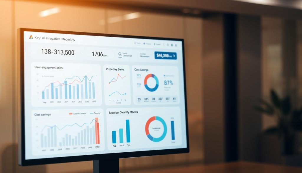 A modern, data-driven dashboard displaying key AI tool integration metrics. The foreground features a clean, minimalist interface with sleek graphs, charts, and data visualizations tracking KPIs like user engagement, productivity gains, and cost savings. In the middle ground, subtle icons and infographic elements emphasize the seamless connectivity between various AI tools. The background has a warm, neutral color palette and a subtle hexagonal pattern, conveying a sense of technological sophistication. Soft, directional lighting highlights the dashboard's crisp, high-resolution display against a slightly blurred, out-of-focus environment, putting the metrics front and center. A modern, data-driven dashboard displaying key AI tool integration metrics. The foreground features a clean, minimalist interface with sleek graphs, charts, and data visualizations tracking KPIs like user engagement, productivity gains, and cost savings. In the middle ground, subtle icons and infographic elements emphasize the seamless connectivity between various AI tools. The background has a warm, neutral color palette and a subtle hexagonal pattern, conveying a sense of technological sophistication. Soft, directional lighting highlights the dashboard's crisp, high-resolution display against a slightly blurred, out-of-focus environment, putting the metrics front and center.