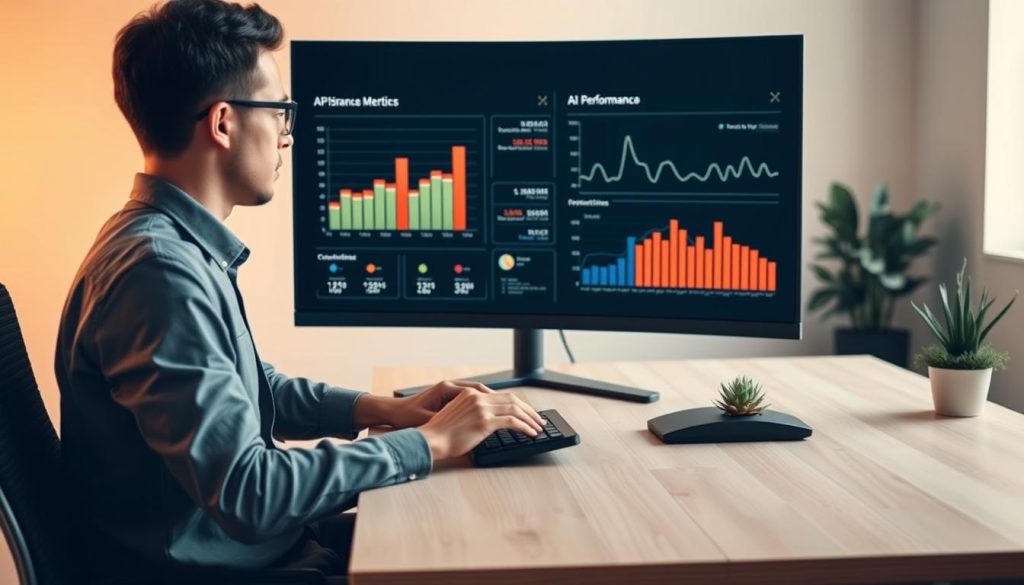 A sleek, minimalist office scene with a user reviewing AI performance metrics on a large, high-resolution computer monitor. Soft, directional lighting from a window in the background casts a warm glow over the workspace. The user, dressed in business casual attire, is intently focused on the screen, hand poised over a compact, ergonomic keyboard. In the foreground, a modern, L-shaped desk in a light wood tone creates a clean, uncluttered aesthetic. Subtle plant life and a potted succulent add a touch of nature to the space. The overall atmosphere conveys a sense of productive efficiency and user-centric optimization. A sleek, minimalist office scene with a user reviewing AI performance metrics on a large, high-resolution computer monitor. Soft, directional lighting from a window in the background casts a warm glow over the workspace. The user, dressed in business casual attire, is intently focused on the screen, hand poised over a compact, ergonomic keyboard. In the foreground, a modern, L-shaped desk in a light wood tone creates a clean, uncluttered aesthetic. Subtle plant life and a potted succulent add a touch of nature to the space. The overall atmosphere conveys a sense of productive efficiency and user-centric optimization.