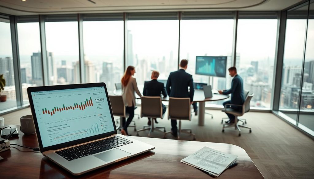 A sleek, modern office interior with large windows overlooking a bustling city skyline. In the foreground, a glossy mahogany desk features a laptop displaying a detailed financial analysis, surrounded by various electronic devices and paperwork. The middle ground showcases a team of professionals in business attire, engaged in a collaborative discussion around a curved conference table, digital presentations projected on the wall behind them. The background is filled with a warm, neutral color palette, subtle lighting accents highlighting the space's clean, minimalist aesthetics. The overall atmosphere conveys a sense of efficiency, innovation, and the strategic consideration of AI technology solutions' cost-effectiveness for the modern business.