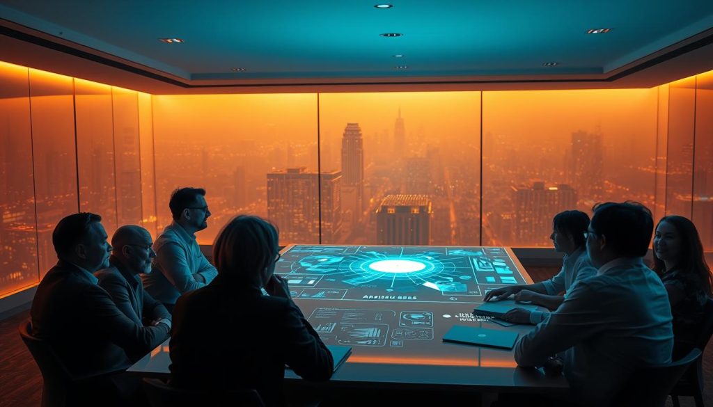 A strategic planning meeting room, illuminated by warm, diffused lighting that creates a contemplative atmosphere. In the foreground, a team of business executives and AI specialists gathered around a table, engaged in animated discussion, their faces lit by the glow of holographic projections. In the middle ground, a large, sleek AI console dominates the scene, its interface displaying complex data visualizations and simulations. The background is shrouded in a hazy, futuristic cityscape, hinting at the far-reaching implications of this collaborative effort between human and machine intelligence.