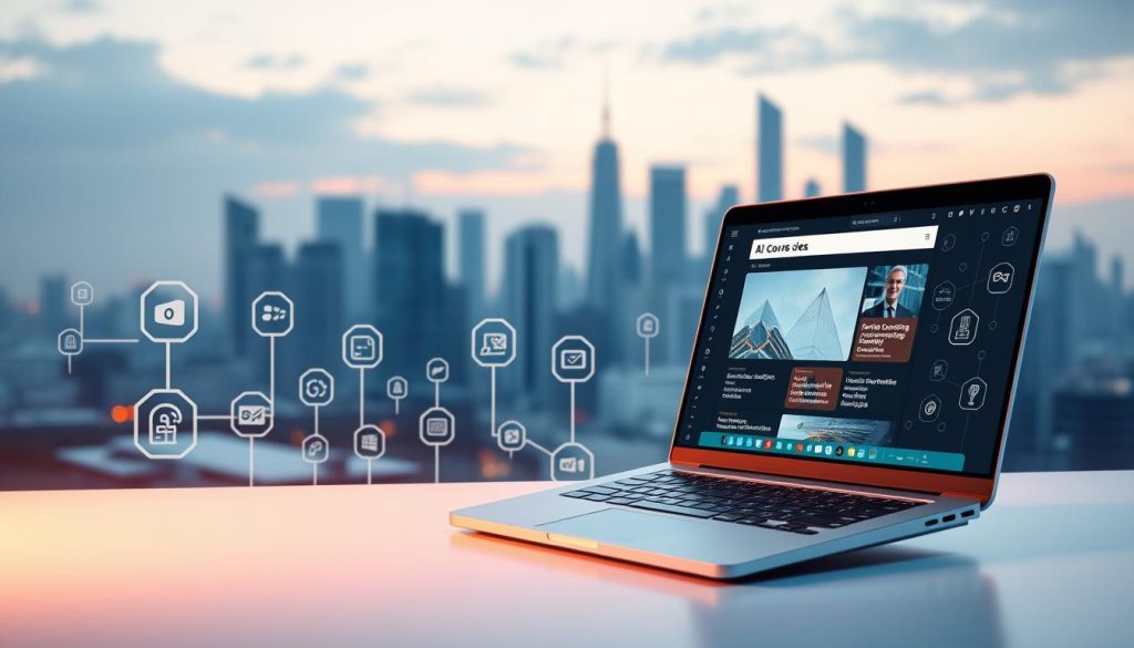 A vibrant online learning environment showcasing AI courses. In the foreground, a sleek, modern laptop displaying course materials and interactive simulations. The middle ground features various virtual learning icons, representing interactive lessons, video tutorials, and assessment tools. In the background, a minimalist cityscape with towering skyscrapers, symbolizing the cutting-edge technology powering these online AI offerings. The scene is bathed in a warm, inviting glow, conveying a sense of accessible, immersive education. Crisp, high-resolution imagery with a focus on clean, contemporary design elements.