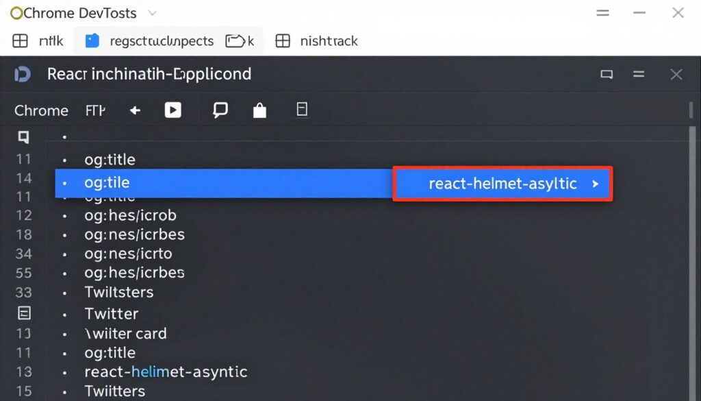 Browser developer tools showing meta tags rendered by react-helmet-async