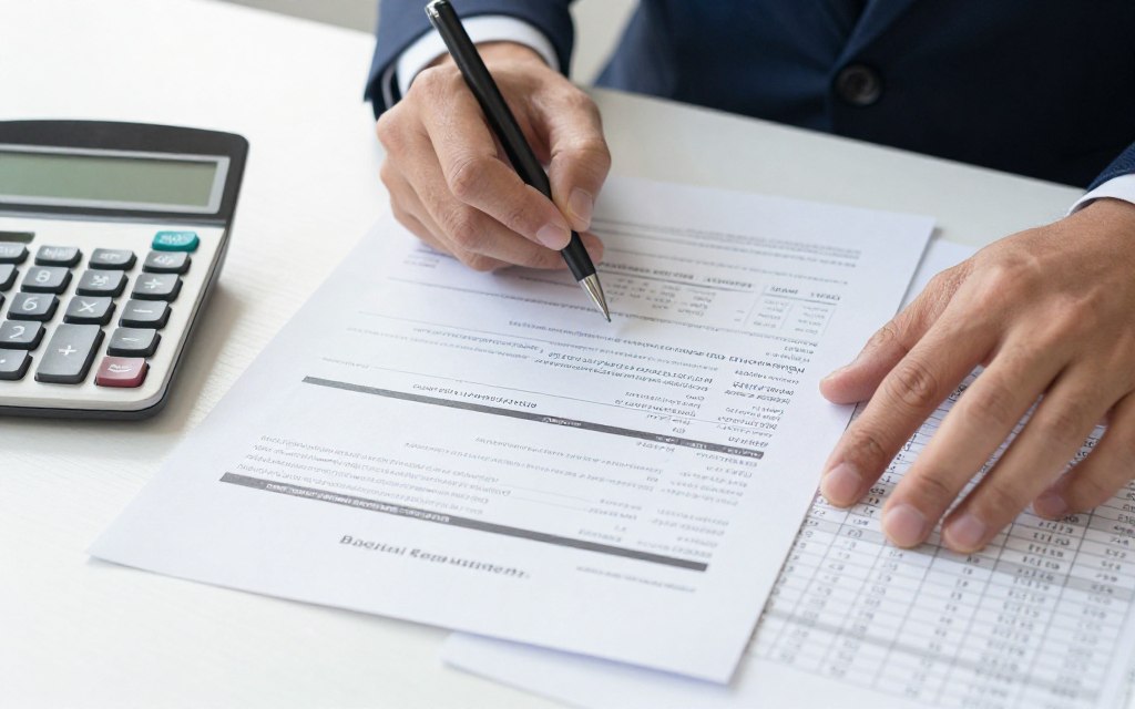 Calculator and financial documents showing investment capital calculations and returns