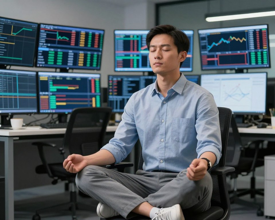 Calm trader meditating before trading session showing mental preparation