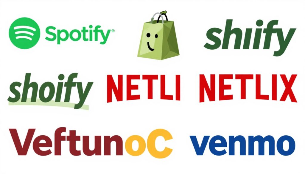 Collection of successful brandable domain names with creative typography