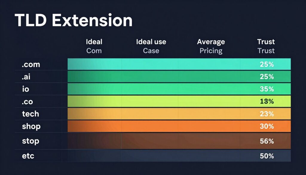Comparison table of popular TLD extensions with use cases and pricing