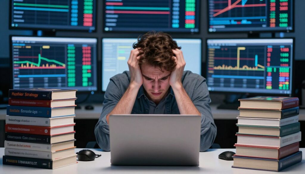 Confused trader surrounded by multiple conflicting strategy books and trading systems