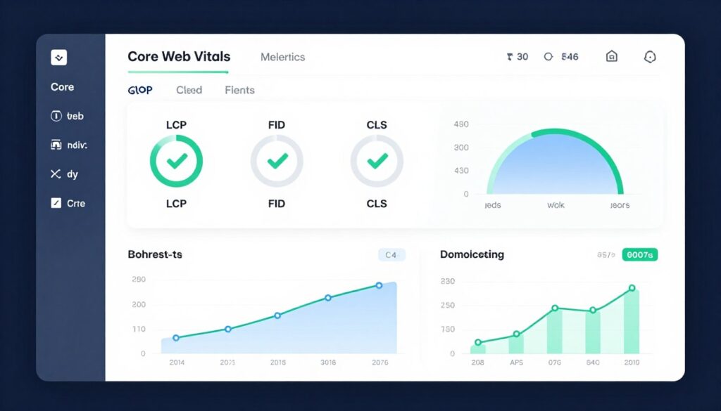 Core Web Vitals metrics dashboard showing page speed optimization and performance scores
