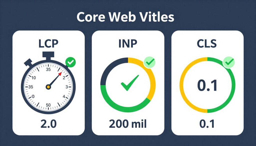 Core Web Vitals metrics showing LCP INP and CLS thresholds
