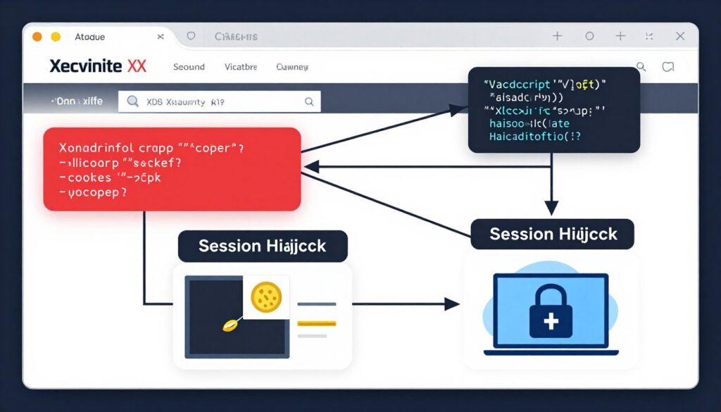 Cross-site scripting attack visualization showing malicious JavaScript injection in web application