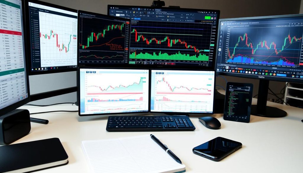 Cryptocurrency trading setup with multiple monitors showing charts and order books