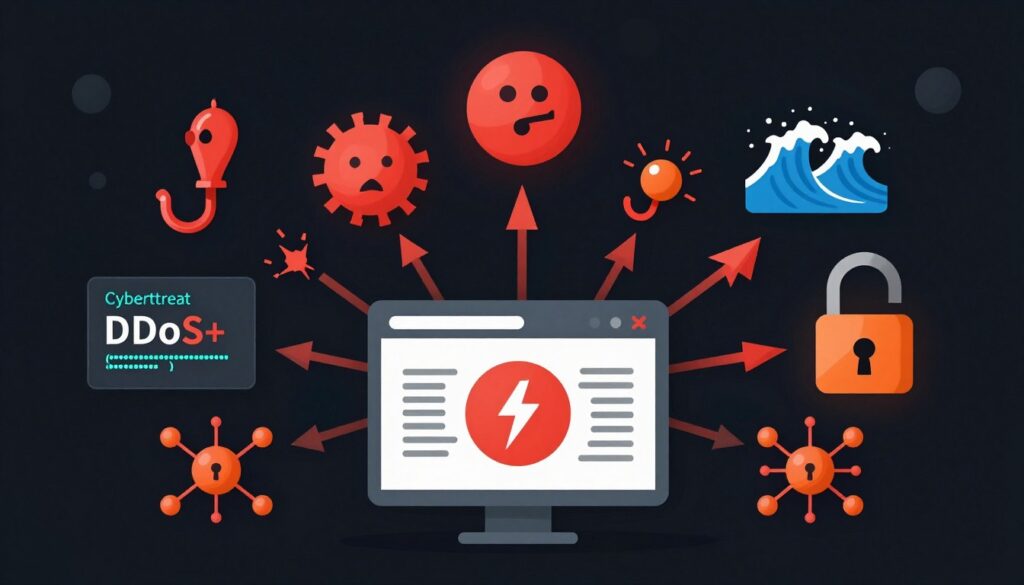 Cybersecurity threats visualization showing various attack vectors
