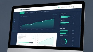 Dashboard showing WordPress website speed metrics with loading time graphs and performance scores