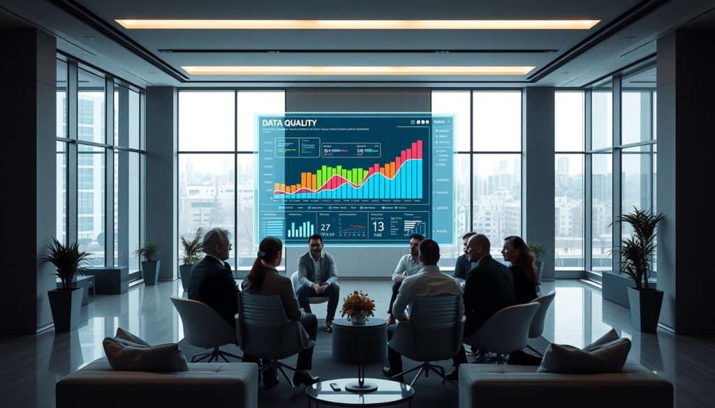 Data Quality Impact on AI: A Comprehensive Visualization. Sleek, modern office interior with minimalist furniture and large windows. At the center, a holographic projection of a data quality chart, its colorful graphs and statistics hovering in mid-air. Surrounding the projection, a team of data scientists and AI engineers, their faces illuminated by the display, deep in discussion. The mood is one of concentrated analysis, the atmosphere charged with the importance of data quality for successful AI implementation. Soft, directional lighting casts dramatic shadows, emphasizing the gravity of the subject matter. The scene is captured with a wide-angle, cinematic lens to convey the scale and significance of the topic. Data Quality Impact on AI: A Comprehensive Visualization. Sleek, modern office interior with minimalist furniture and large windows. At the center, a holographic projection of a data quality chart, its colorful graphs and statistics hovering in mid-air. Surrounding the projection, a team of data scientists and AI engineers, their faces illuminated by the display, deep in discussion. The mood is one of concentrated analysis, the atmosphere charged with the importance of data quality for successful AI implementation. Soft, directional lighting casts dramatic shadows, emphasizing the gravity of the subject matter. The scene is captured with a wide-angle, cinematic lens to convey the scale and significance of the topic.