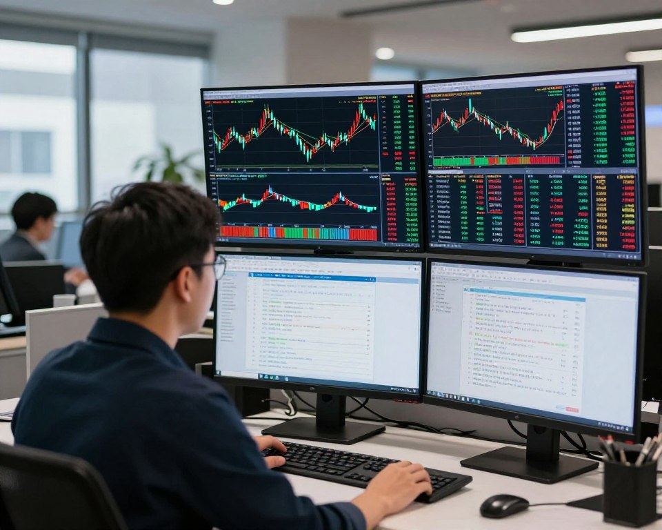 Day trader watching multiple screens with fast-moving intraday stock charts