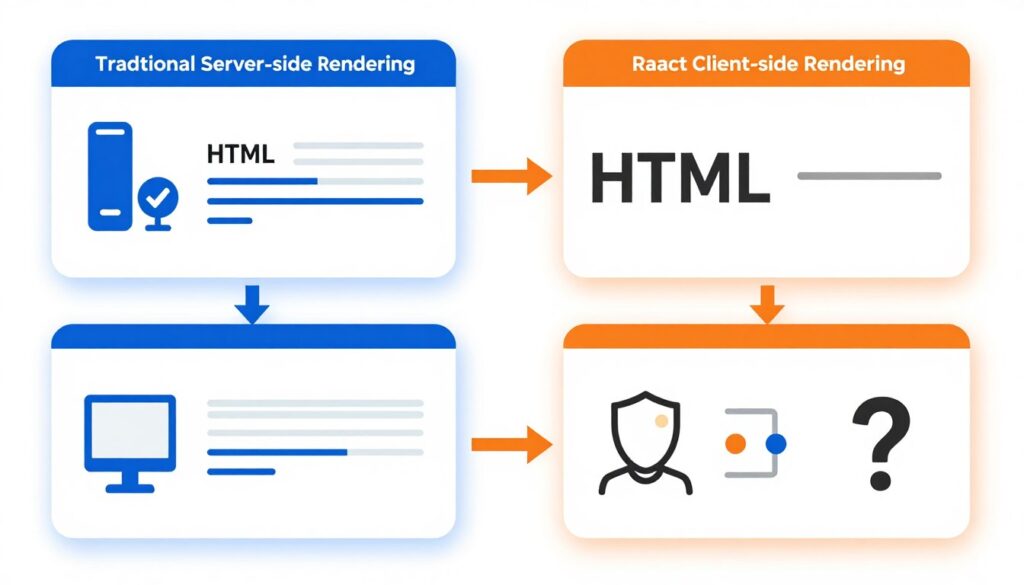 Diagram comparing traditional HTML rendering versus React client-side rendering for search engine indexing