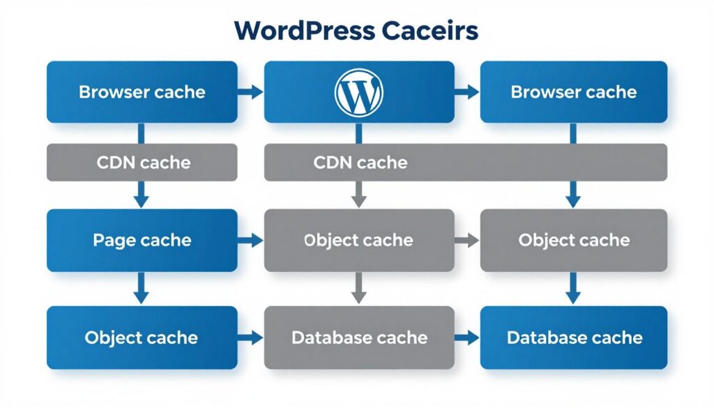 Diagram illustrating different caching layers in WordPress architecture from browser to server