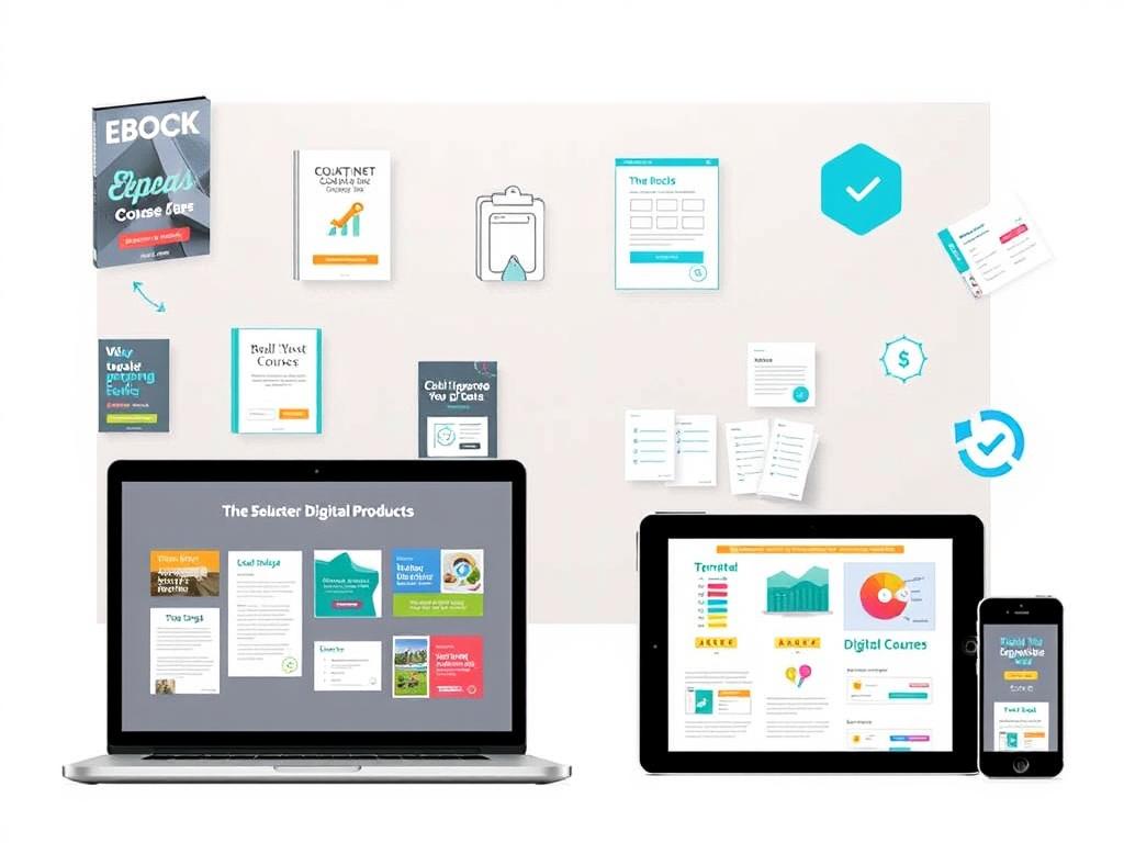 Digital products including ebooks, online courses, and templates displayed on devices