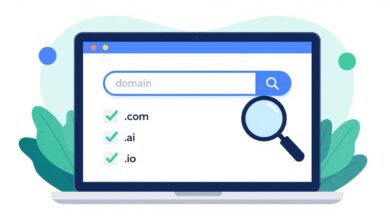 Domain name selection process showing computer screen with domain search results and branding elements