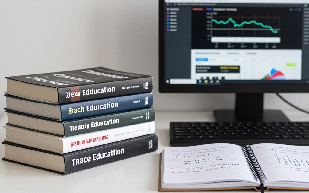 Educational books, computer with trading course, and study materials on desk