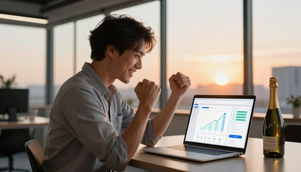 Entrepreneur celebrating successful app launch with revenue dashboard