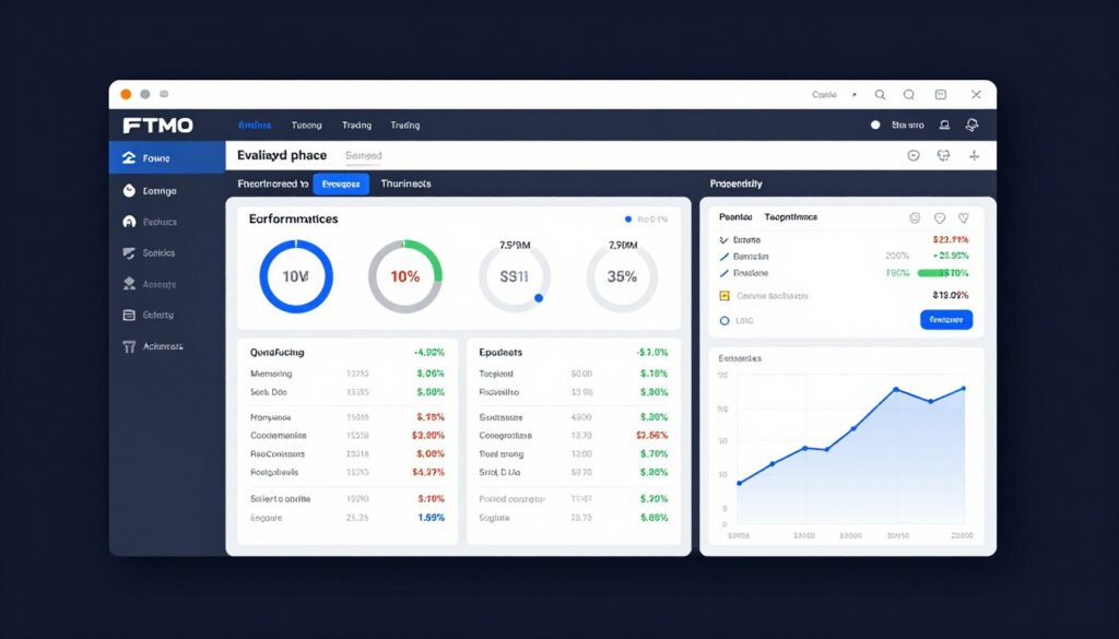 FTMO branded dashboard showing trading performance metrics and evaluation progress