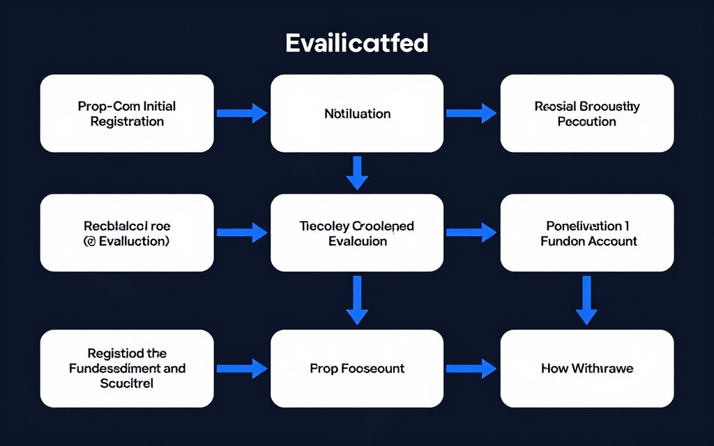Flowchart showing prop firm evaluation process from registration to funded account