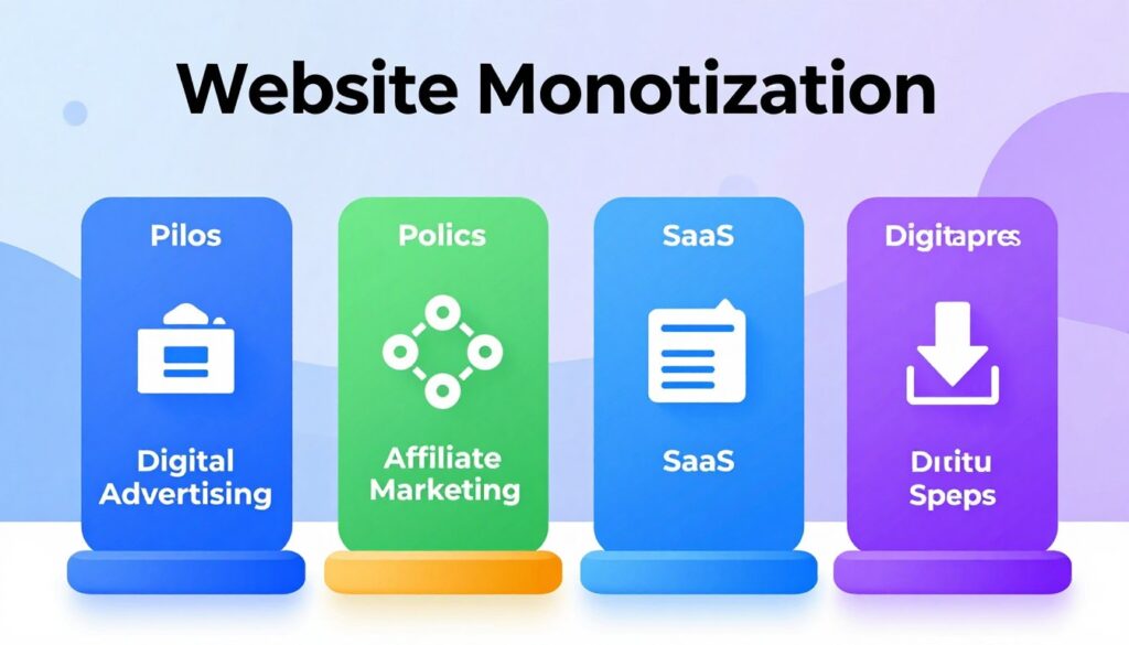 Four pillars of website monetization showing ads, affiliate, SaaS, and digital products
