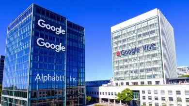Google headquarters in Mountain View, California with the Alphabet Inc. logo prominently displayed
