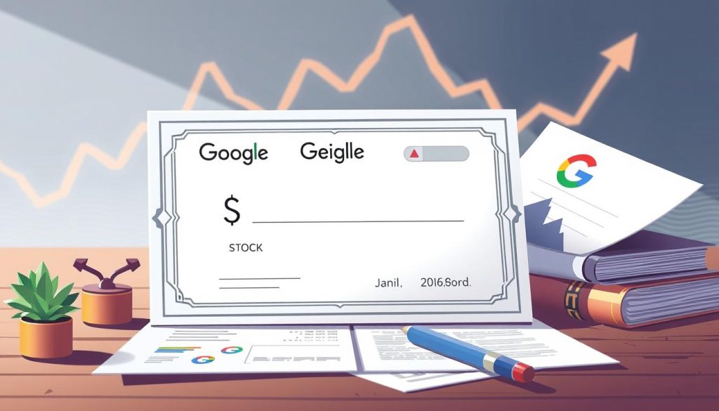 Google stock certificate with investment portfolio and growth chart in background