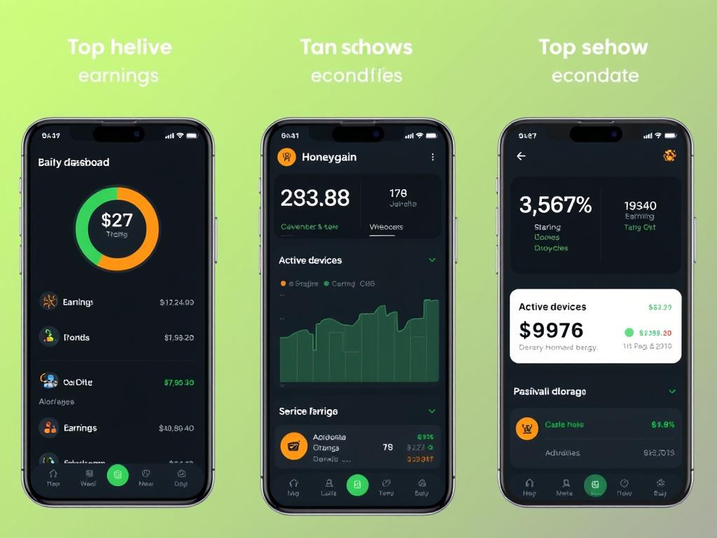 Honeygain app showing earnings dashboard and bandwidth sharing