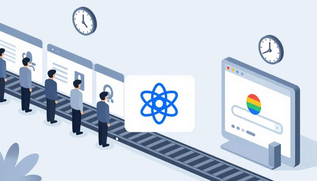 Illustration of JavaScript rendering queue showing React website waiting for search engine processing