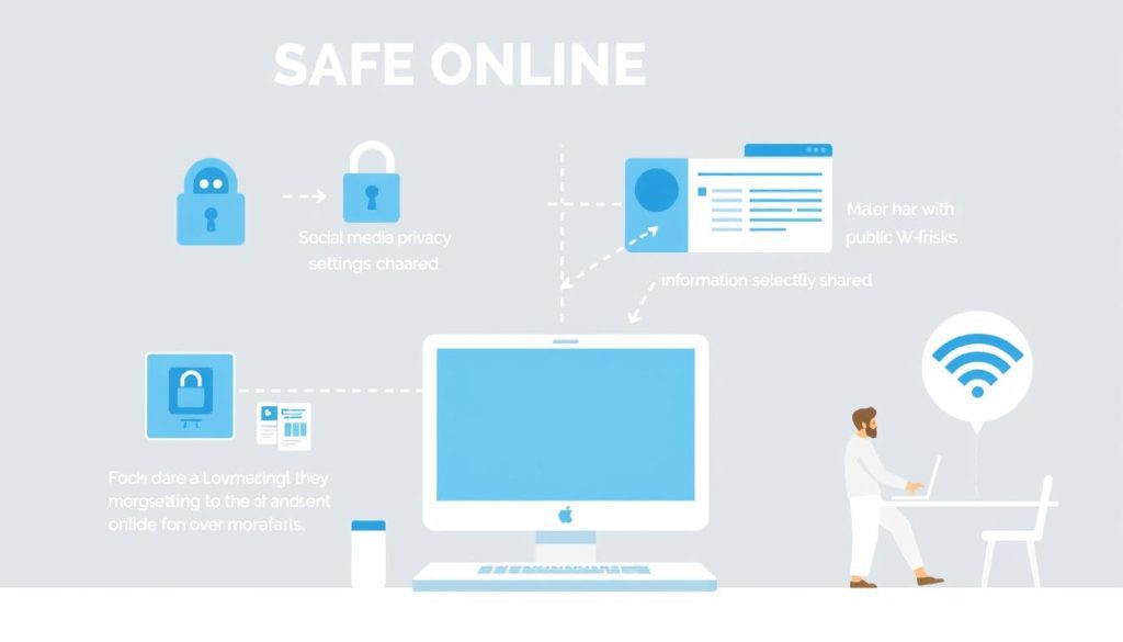 Illustration of safe online practices including secure browsing, social media privacy settings, and data sharing awareness