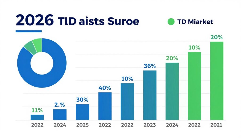 Infographic showing domain industry statistics with growth charts and TLD distribution