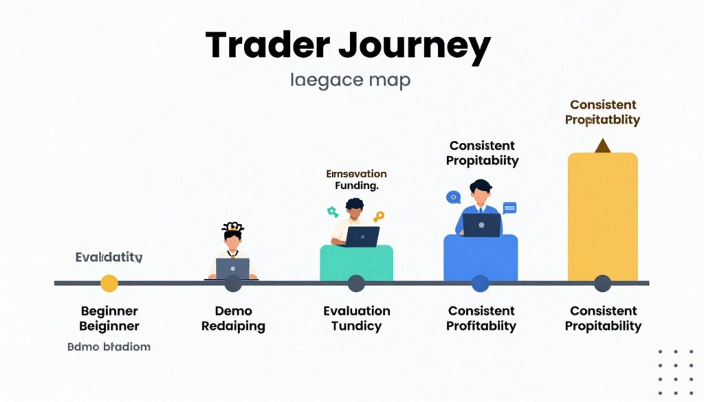 Journey roadmap infographic showing progression from beginner to funded trader with milestones