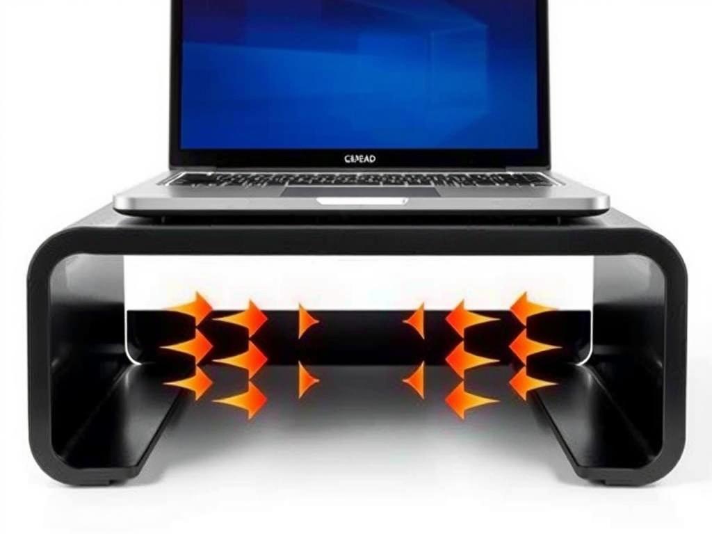 Laptop elevated on a stand with visible airflow underneath