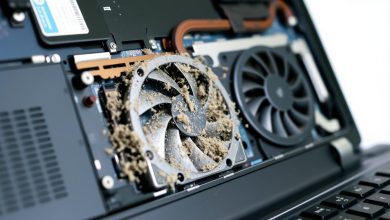 Laptop internal components showing dust accumulation on cooling fans and vents