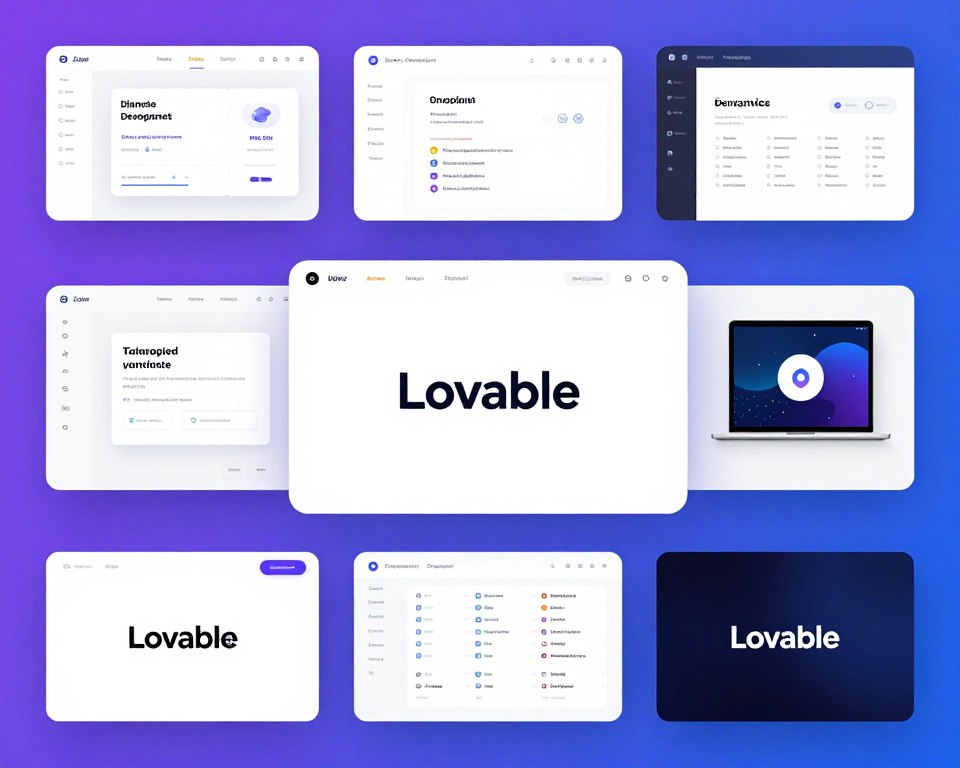 Logos and interfaces of leading AI web app builders including Lovable platform