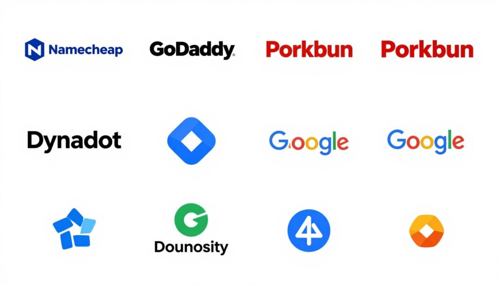 Logos of top domain registrars including Namecheap, GoDaddy, Porkbun, and others