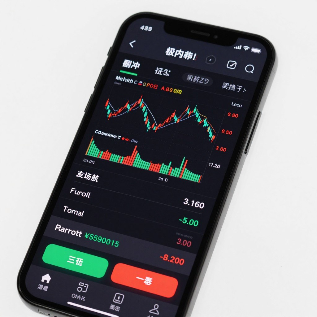 Mobile phone displaying trading app with stock charts and buy sell buttons