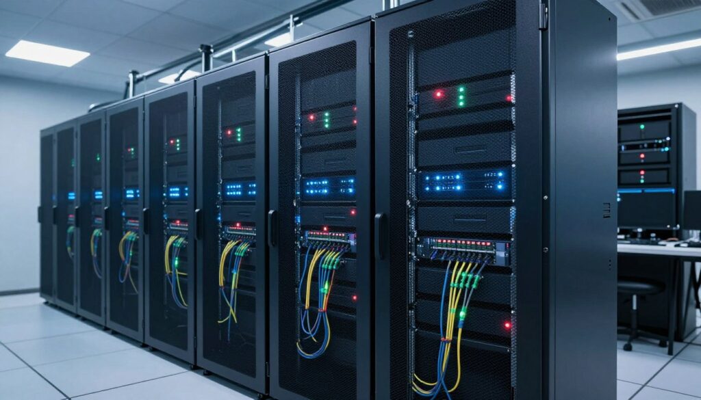 Modern data center with server racks and network infrastructure showing high-performance web hosting environment