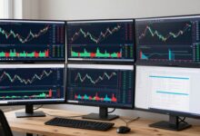 Modern trader analyzing financial charts on multiple screens showing prop firm trading opportunities