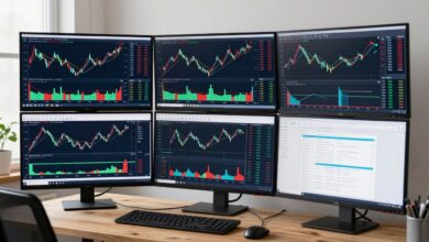 Modern trader analyzing financial charts on multiple screens showing prop firm trading opportunities