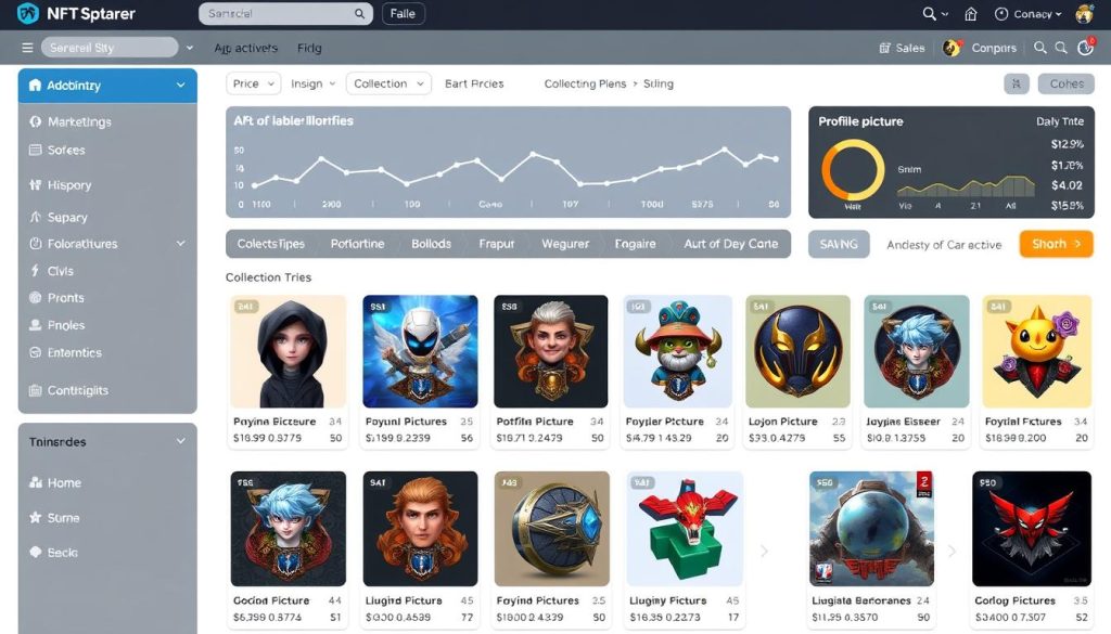 NFT marketplace showing collectibles with price history and bidding activity