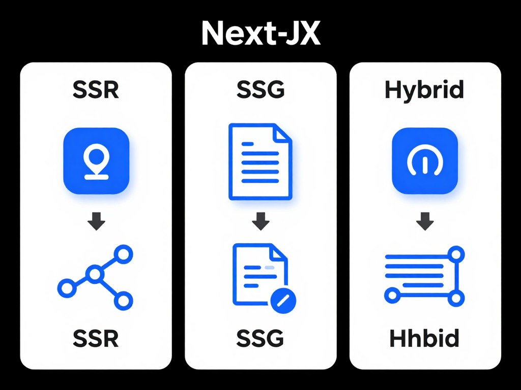 Next.js framework features diagram showing SSR, SSG, and hybrid rendering options