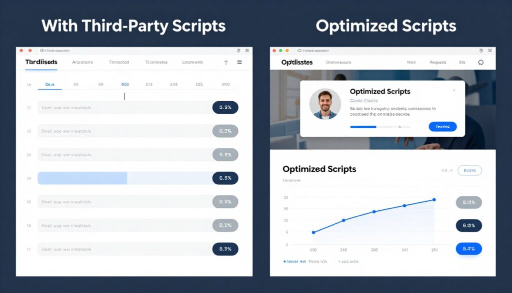 Performance impact comparison showing page load with and without third-party scripts