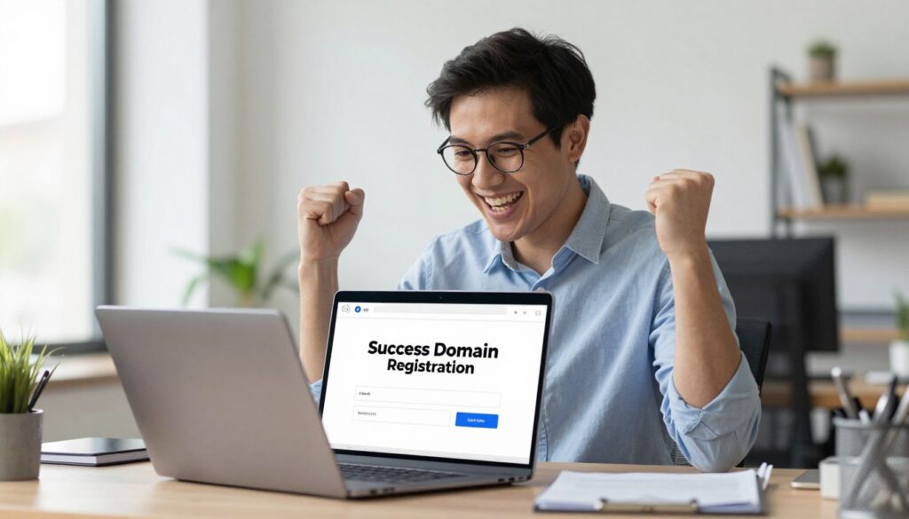 Person celebrating successful domain registration and website launch